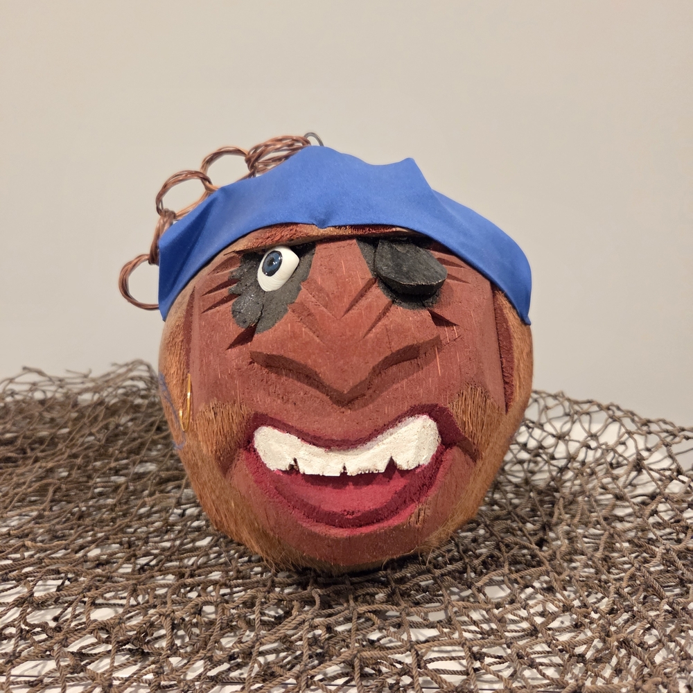 Hand-Carved Pirate Face Coconut Accent - Blue Bandana